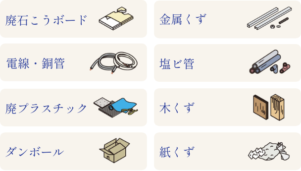 廃石こうボード / 金属くず / 電線・銅管 / 塩ビ管 / 廃プラスチック / 木くず / ダンボール / 紙くず 