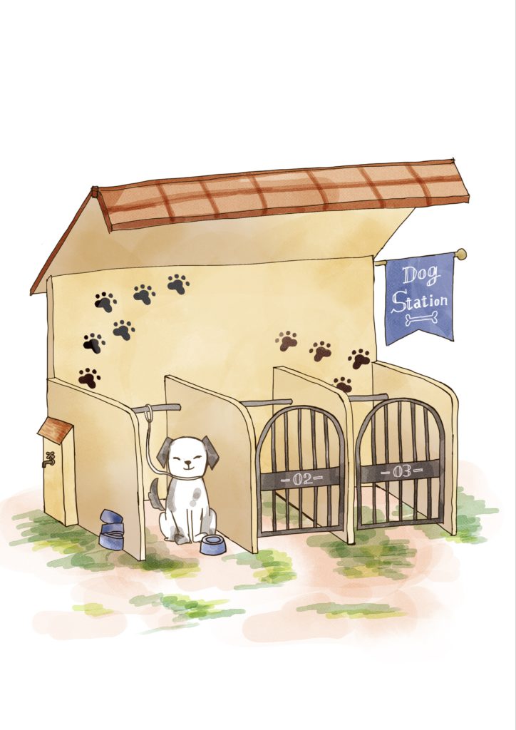 ペットの犬が犬小屋でご飯を食べているイラスト